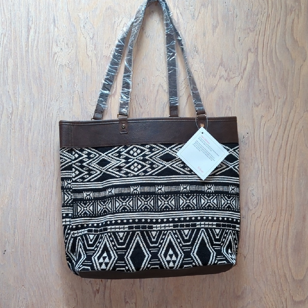 Jewell By Thirty-One Boho Aztec Rio Weave Reversible Tote Bag Black Cream NWT